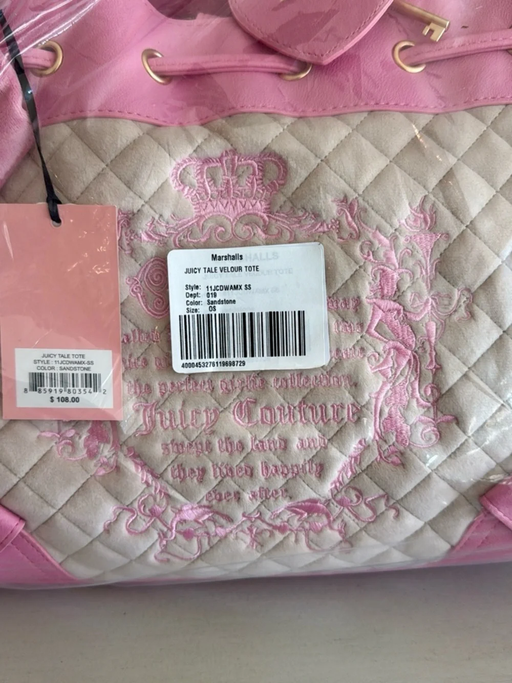 Juicy Couture Cream Quilted Tote with Pink Trim and Heart Charm - Picture 2 of 5